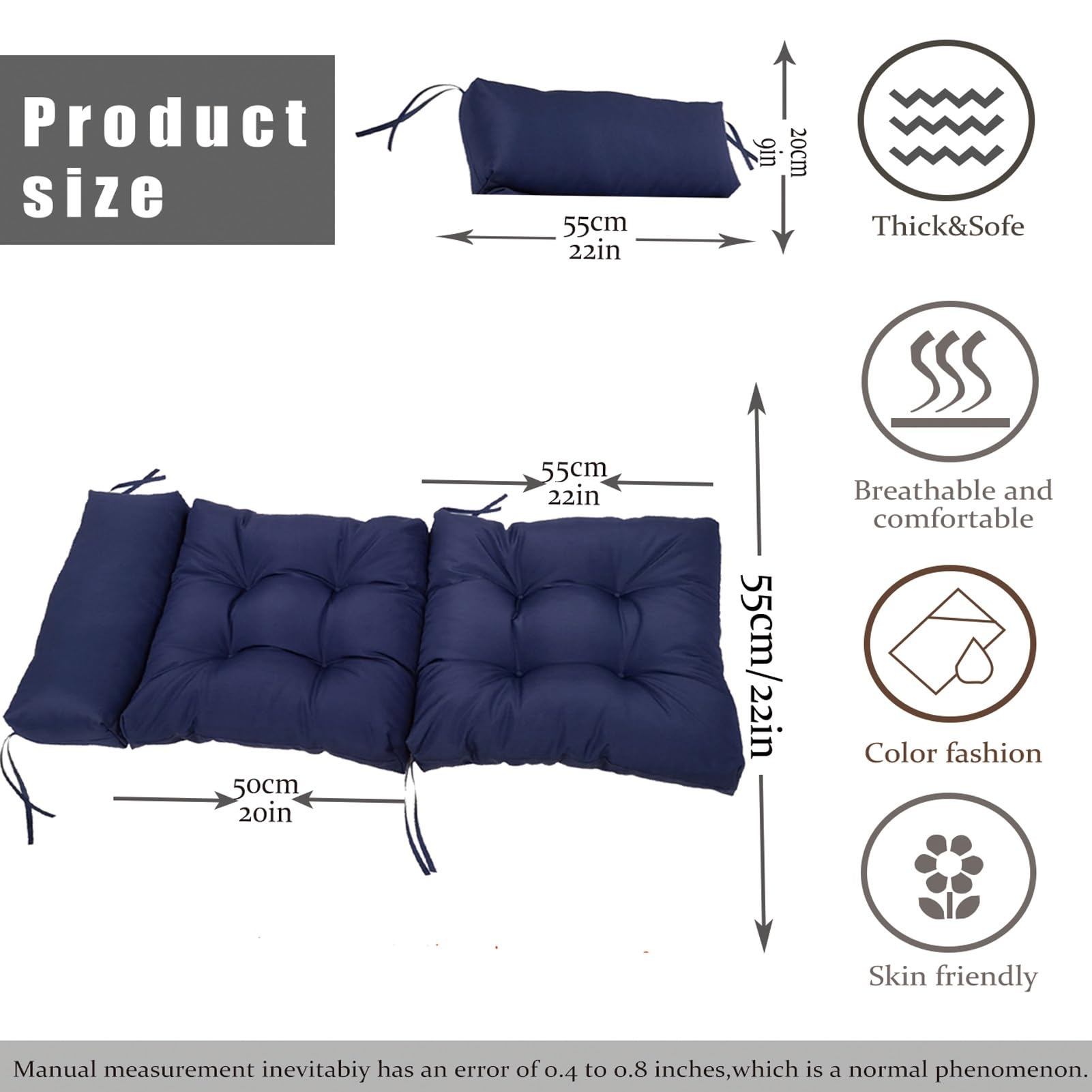 Juego de 2 cojines capitoné para silla mecedora con respaldo alto resistentes a la intemperie, 125 x 55 cm de grosor, con lazos para muebles de exterior
