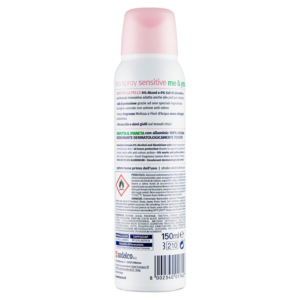 12x Lycia Deodorante Spray Sensitive Me&You,Deodorant 0% Alkohol,0% Aluminiumsalze - Deo 150ml + Beni Culinari Kostenloser Schlüsselanhänger