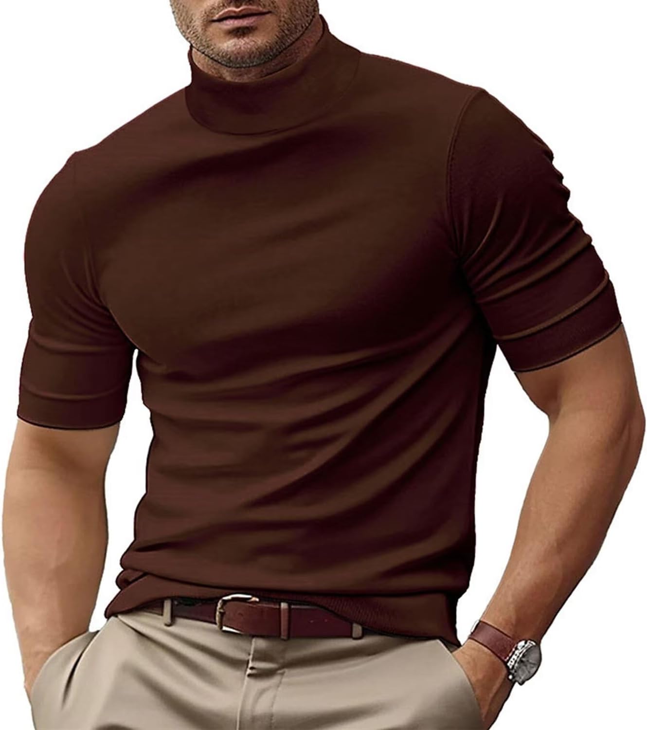 Men's Fashion Shirts Short Sleeve Mock Turtleneck T-Shirts Casual Undershirt Tops