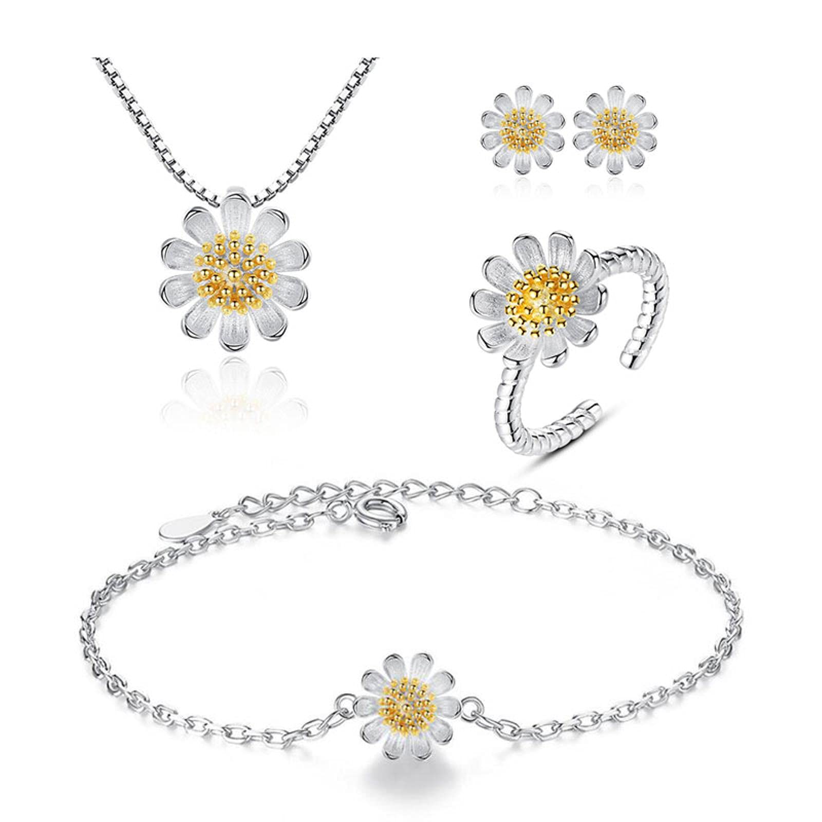 HCMA HCMA Collar de Flor de Girasol Dulce de Plata de Ley 925 + Pendientes + Pulsera + Anillos Conjuntos de joyería para Mujer Regalo Conjunto de joyería para Fiesta de Boda