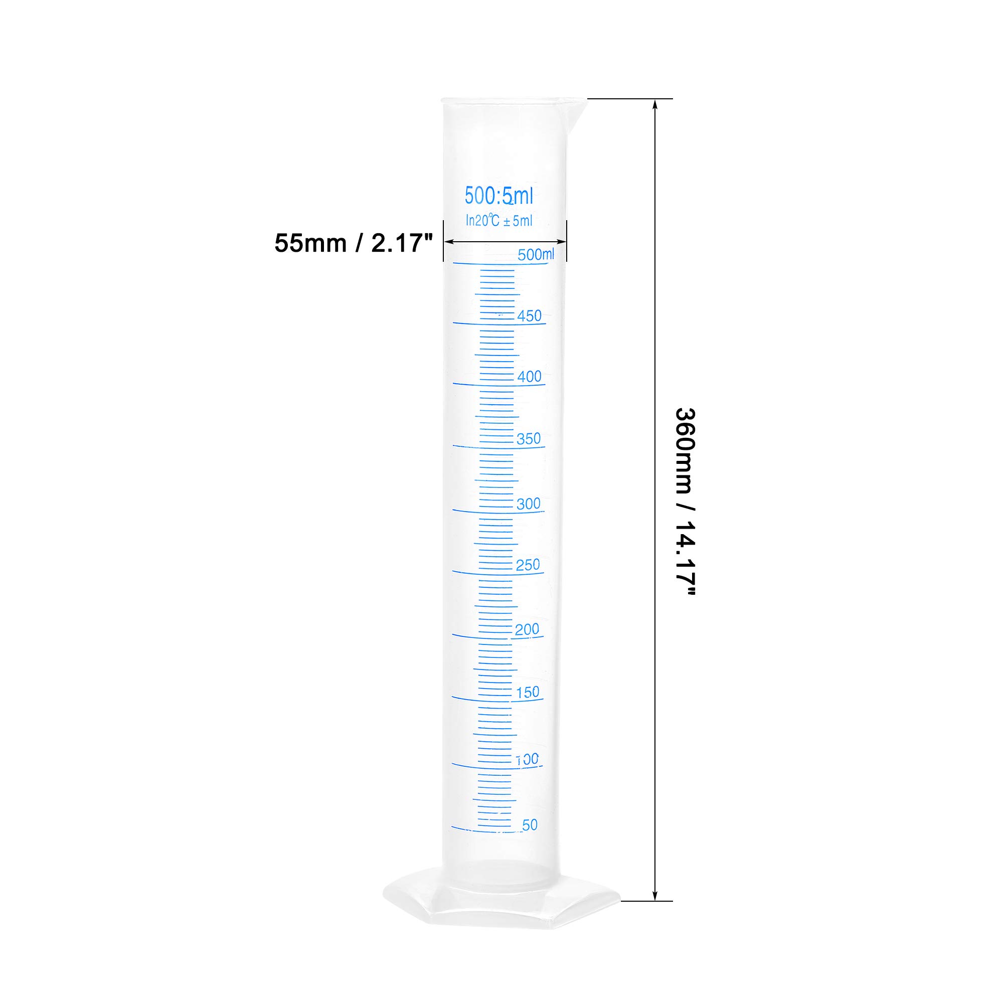 sourcing map Plástico Graduado Cilindro, 500ml Medición Cilindro, Ciencia Prueba Tubo Precipitados Vasos, 2 Caras Métrico Marcado, Transparente Hexagonal Base para Laboratorio Hogar 2uds