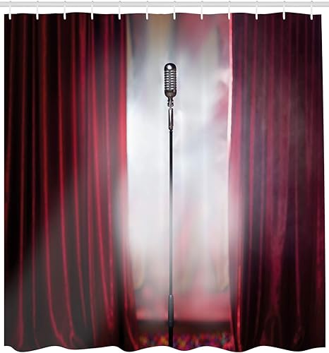 Miniatura 2 de Ambesonne Cortina de ducha de teatro musical, micrófono en escenario ahumado, entretenimiento de cantante, juego de decoración de baño de tela con