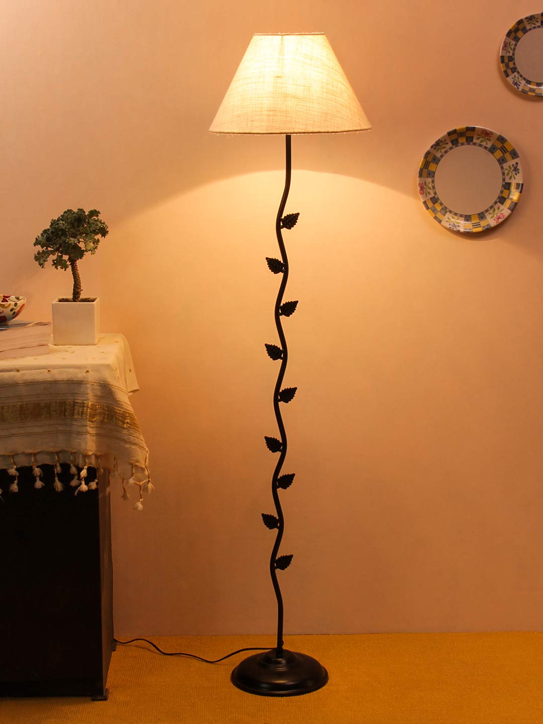 Devansh Conical White Jute Shade Leaf Floor Lamp with Black Base-picture-14