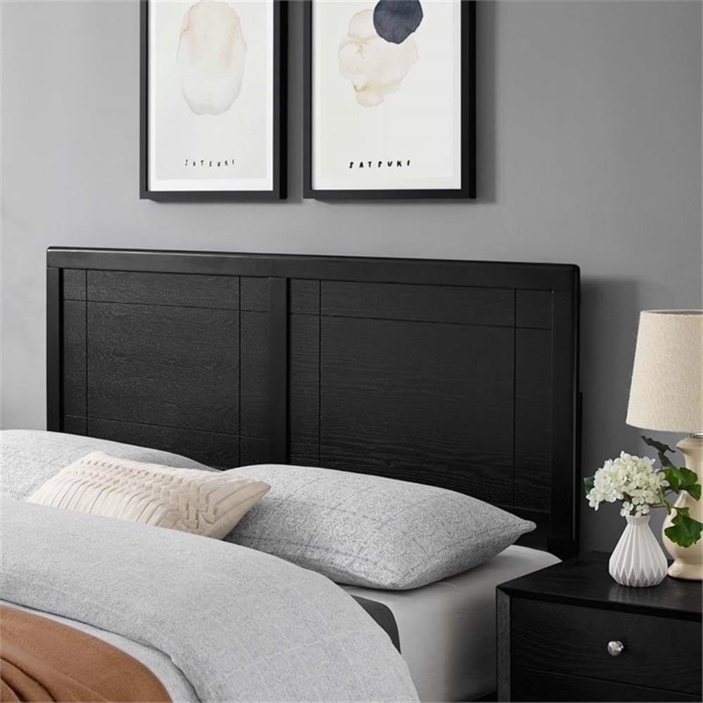 Pemberly Row King Rubberwood and MDF Headboard, Black Finish, 78" W x 22.5" H x 0.5" D, Modern Window Pane Design, Sturdy Bedroom Furniture for Master or Guest Room Use