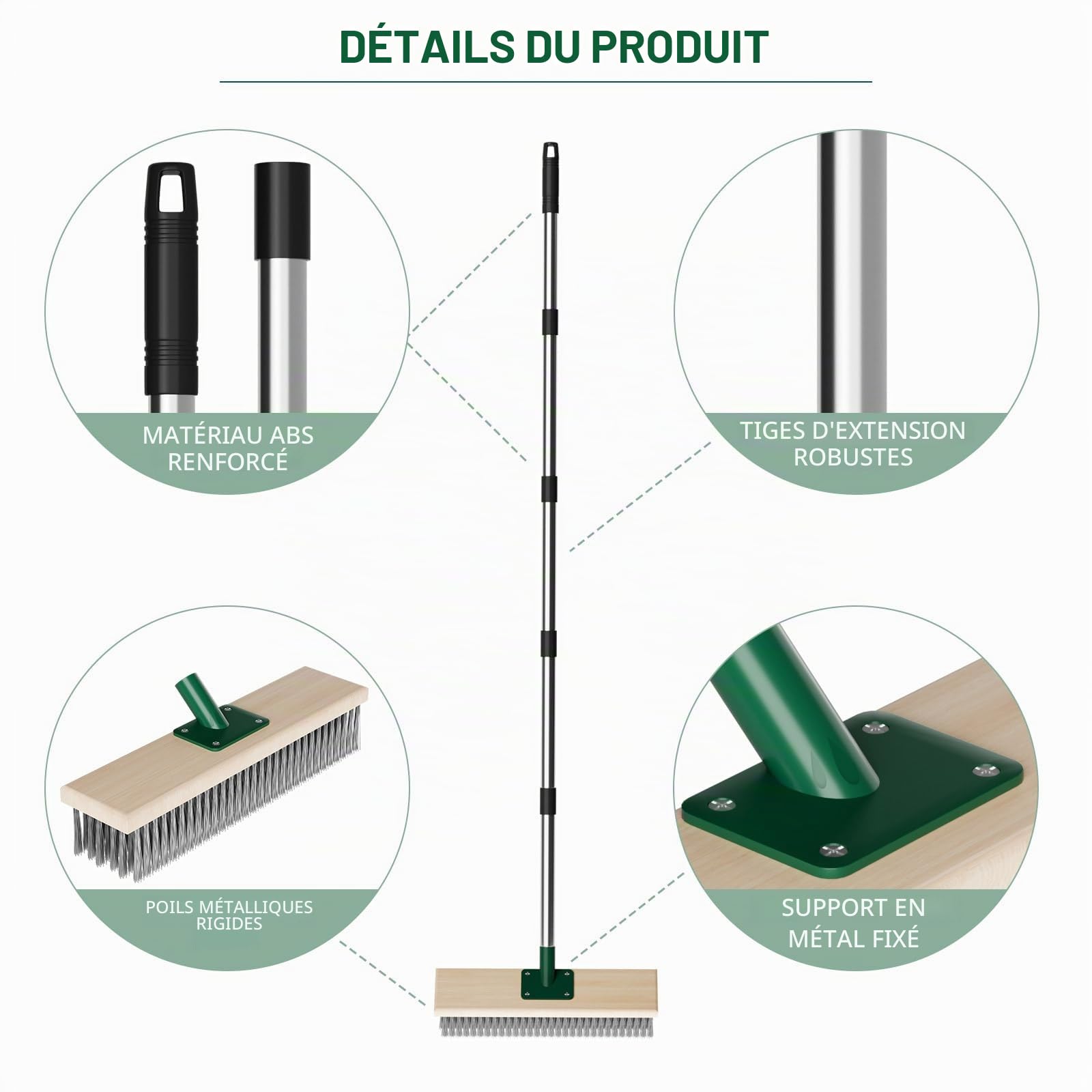 Balai Métallique Robuste avec Manche Télescopique 150cm pour Nettoyer Les algues de Mousse de Mauvaises Herbes sur Patio