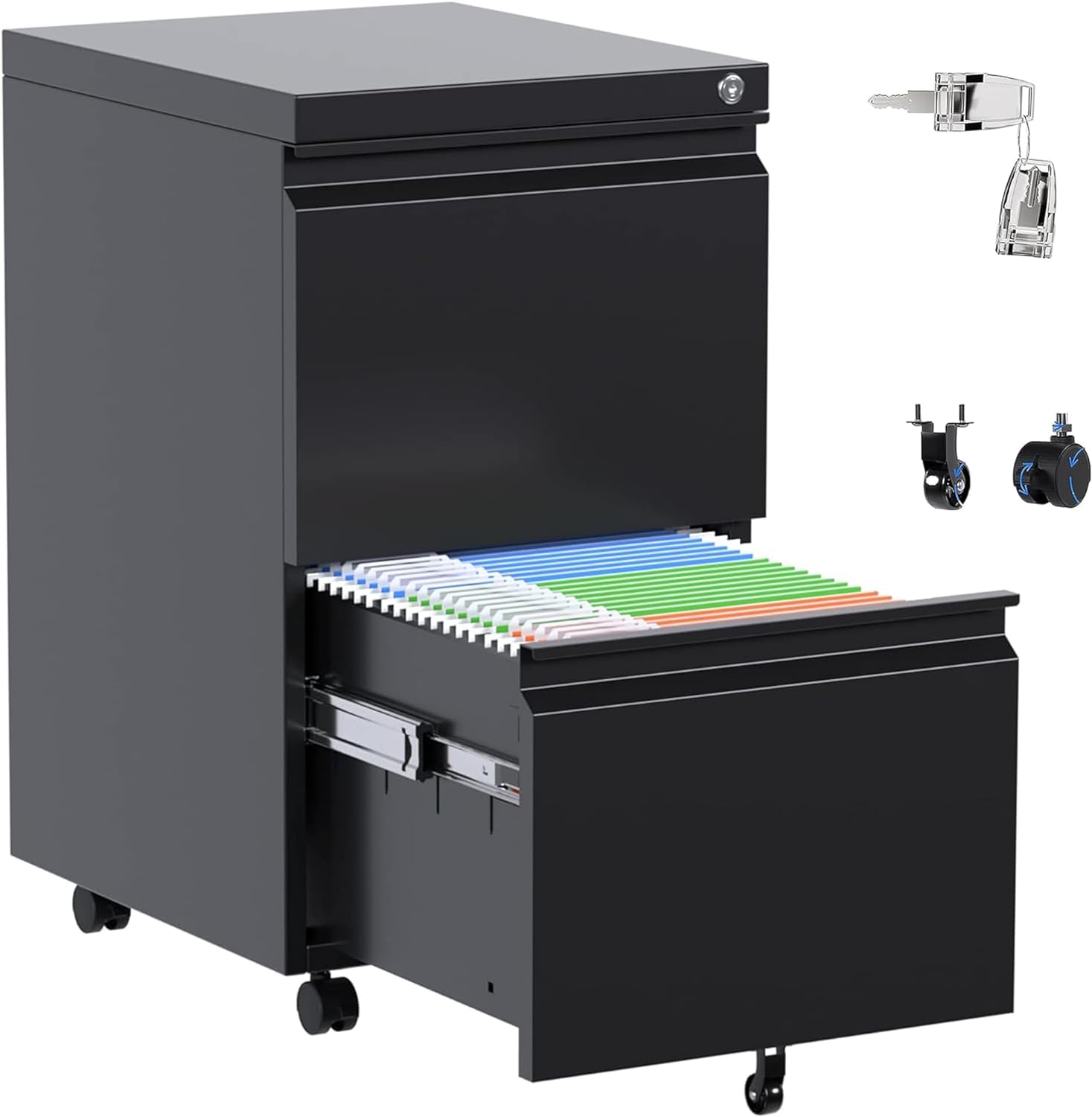 SUPEER Armoire à Roulettes en Métal - Classement Sous Bureau - 2 Tiroirs - Verrouillable Avec Roue - Prémontée - 65 cm x 37 cm x 44 cm - Noir