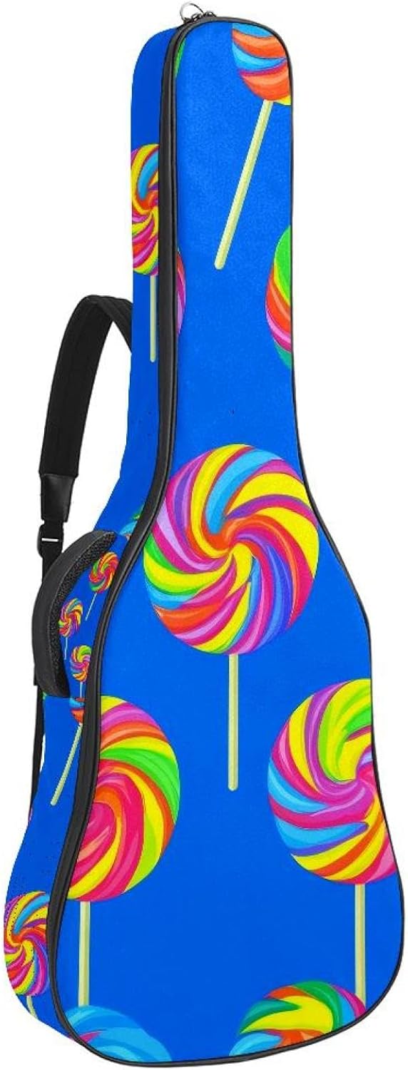 40 41 42 Inch Acoustic Guitar Bag, 0.4 In Thick Sponge Padded Guitar Case Gig Bag with Back Hanger Loop and 2 Pockets, Colored Candies on Blue Background