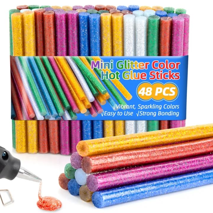 MAQIHAN Mini Glitter Color Hot Glue Sticks - 48 Pack Hot Melt Gluing Sticks Colored for Hot Glue Gun Mini Size Melt Hot Glue Sticks Multipurpose for Cards Sealing Decoration Art DIY Stamp