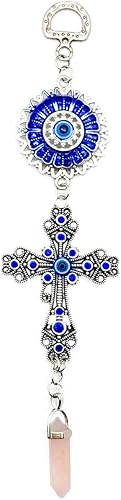 Miniatura 12 de LUCKBOOSTIUM Amuleto de cruz con incrustaciones de cristal azul y mandala azul de ojo malvado con piedra curativa colgante, dijes de naturaleza