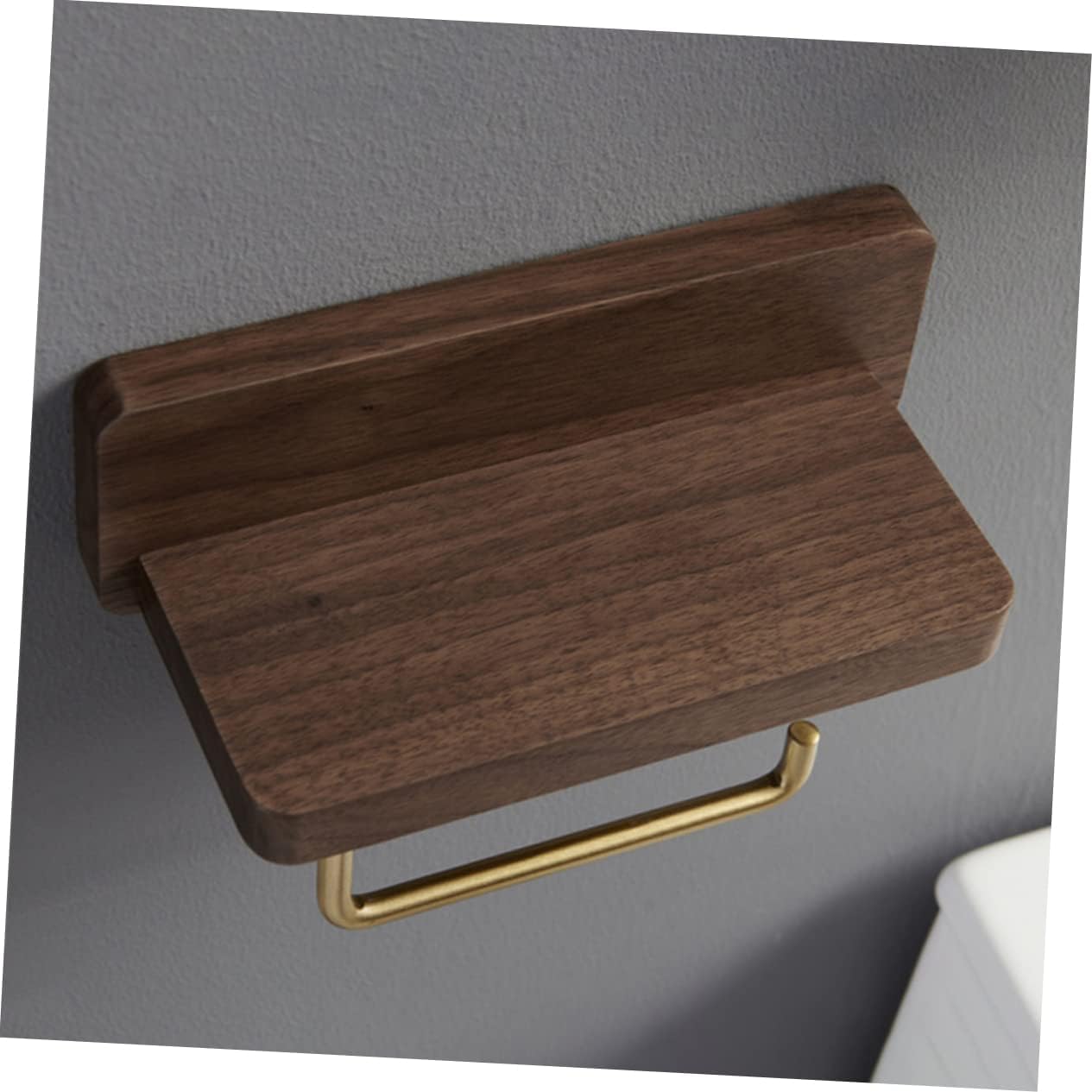 Healifty Solid Wood Toilet Paper Holder Rack Punch Bathroom Tissue Dispenser with Scroll Bar Smooth Rounded Corners Multi Use Shelf for Cell Phones Wet Wipes and Facial Tissues Black Walnut
