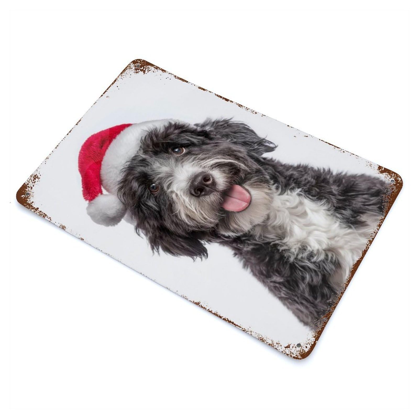 Retro Metal Sign with Portuguese Water Dog with Santa Hat Portrait Design 11.8"x7.9", for Living Room, Hallway And Home Decor, Farmhouse Wall Decor