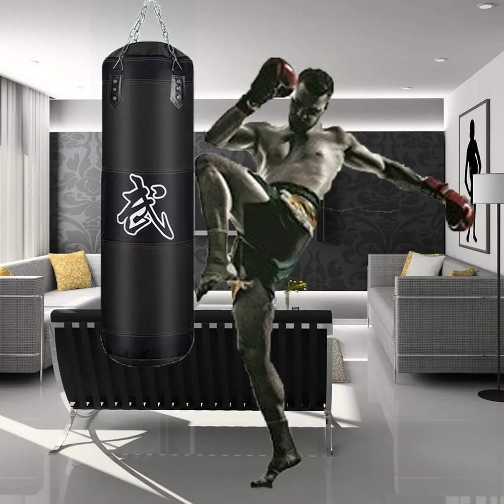Sac De Frappe,Sac De Frappe Adulte,Sac De Boxe,15PCS Suspension Boxe Punching Bag 100cm avec Gants, Bandages, chaîne rembourrée, Rotation à 360° Non REMPLIR, pour Le Muay Thai et Les Combats (Noir)