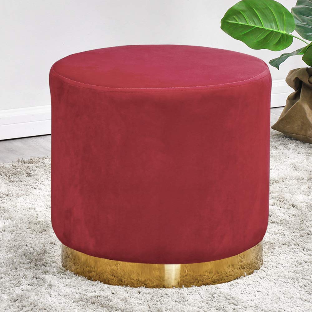 Pouf en velours haut de gamme avec base plaquée or, repose-pieds luxe rouge