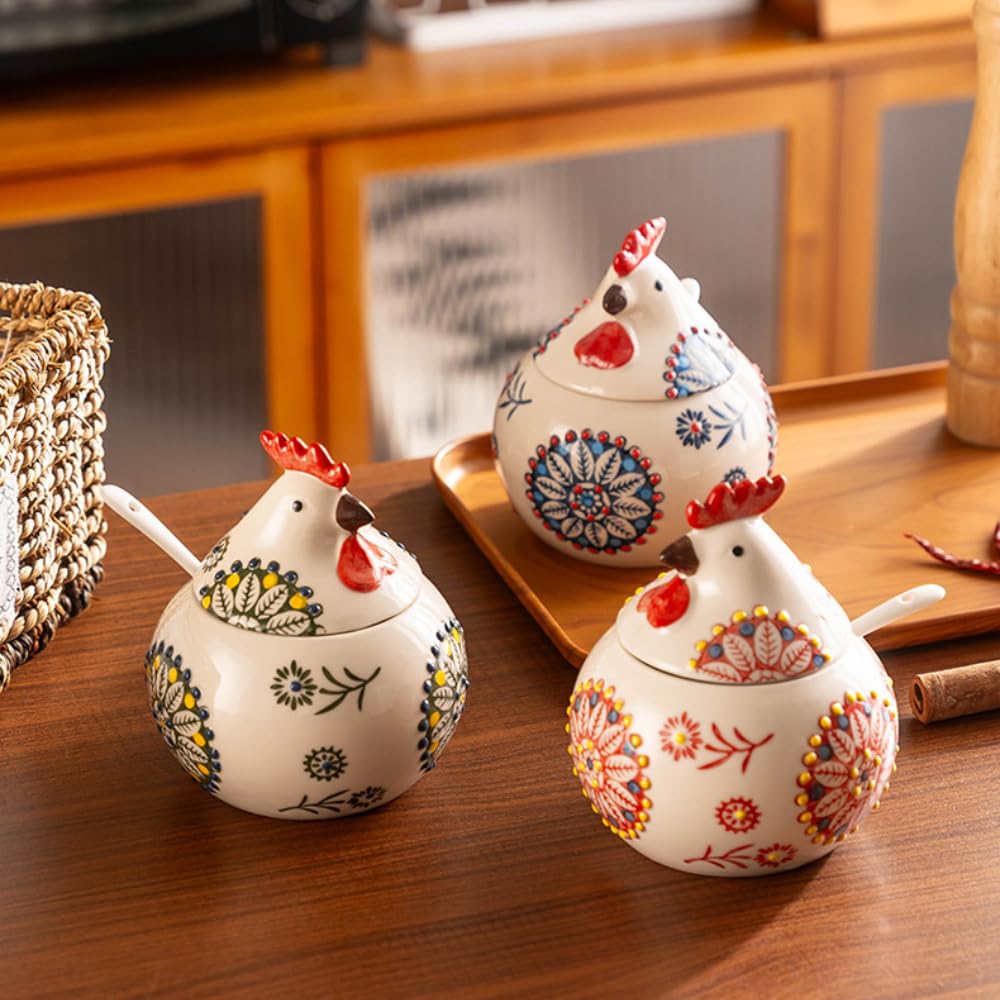 Récipient à épices en céramique avec couvercle et cuillère, pot d'assaisonnement peint à la main pour le sel, le poivre, le sucre et le rangement de la cuisine, design mignon et simple poussin