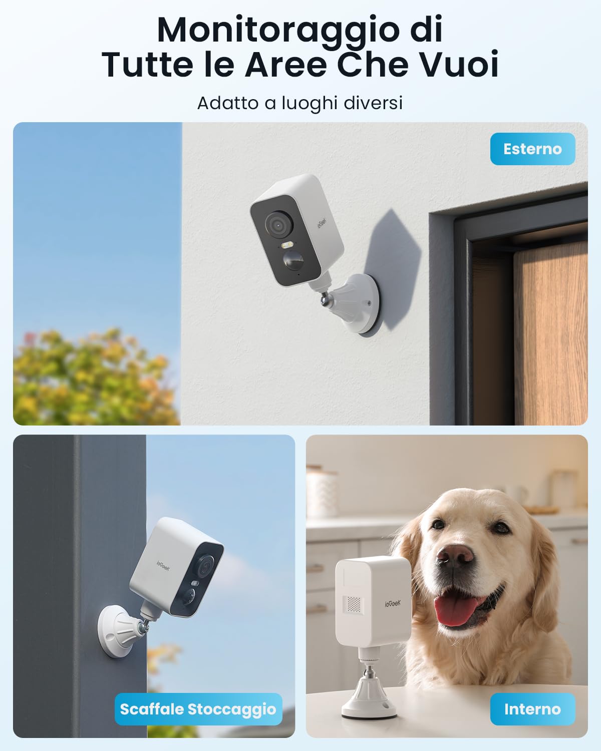 ieGeek 2K Telecamera Wi-Fi Esterno Senza Fili a Batteria, Base Magnetica | Pan 300°, Interne & Esterne, Visione Notturna a Colori, Rilevamento Movimento PIR, Audio Bidirezionale, SD/Cloud, IP65