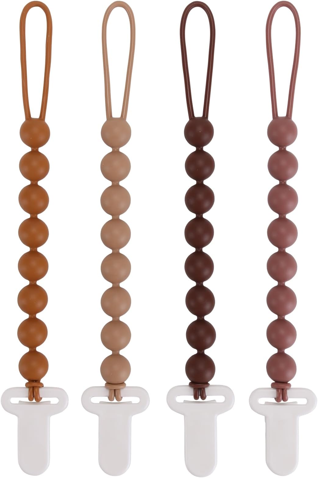 4-Pack Silicone Pacifier Clips with One-Piece Beads for Baby Boys and Girls - Flexible and Rust-Free Holders for Teething Relief and Baby Essentials, Safe for Newborns (Brown)