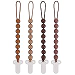 4-Pack Silicone Pacifier Clips with One-Piece Beads for Baby Boys and Girls - Flexible and Rust-Free Holders for Teething Relief and Baby Essentials, Safe for Newborns (Brown)