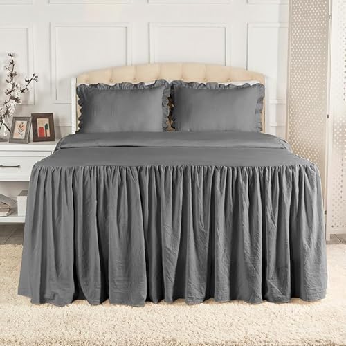 Mellanni Single-Tier Shabby Chic Full Bedspread Set - Ruffled Bedspread & 2 Pillow Shams - 30" Drop Skirted Bedspread Ruffles - Luxurious Ruffle Bedspread - Farmhouse Bedspread Full Size (Full, Gray)