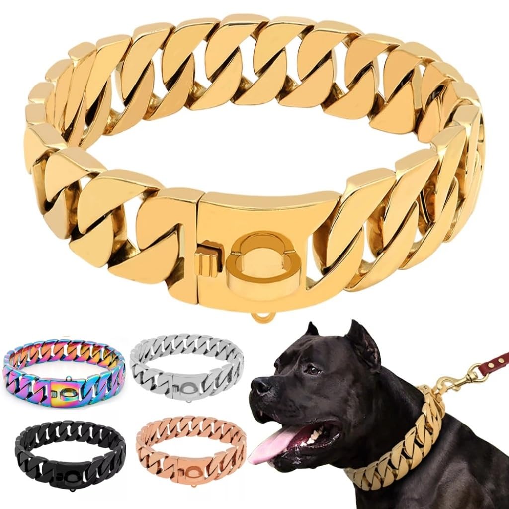 Goldfarbenes Hundehalsband, 32mm, Kubanisches Gliederhalsband mit Sicherer Schnappschnalle, 18 Karat Edelstahl, Für Alle Rassen, Mittelgroße Und Große Hunde(Gold,45cm)