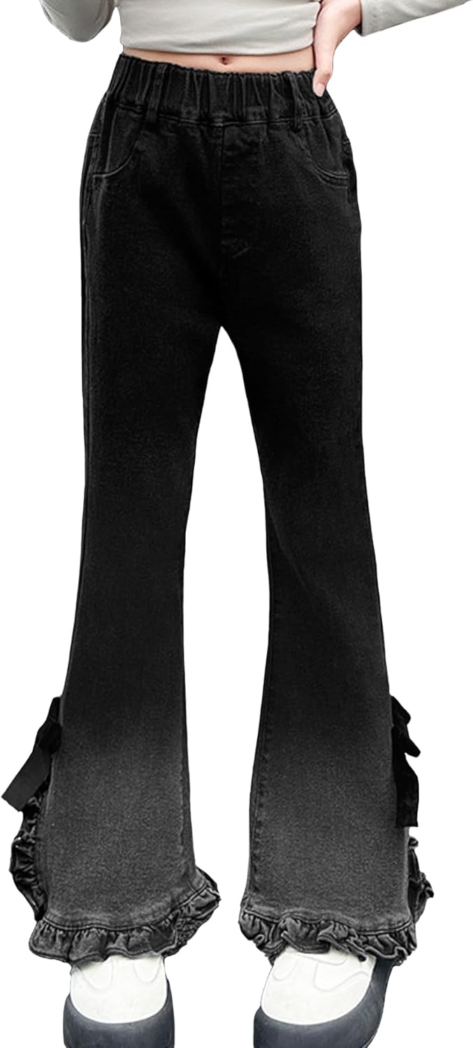 SEAUR Girls Flare Jeans 5-13 Years Old Cute Bow Bell Bottom Pants Elastic Waist Girl Skinny Washed Denim Bottoms with Pockets
