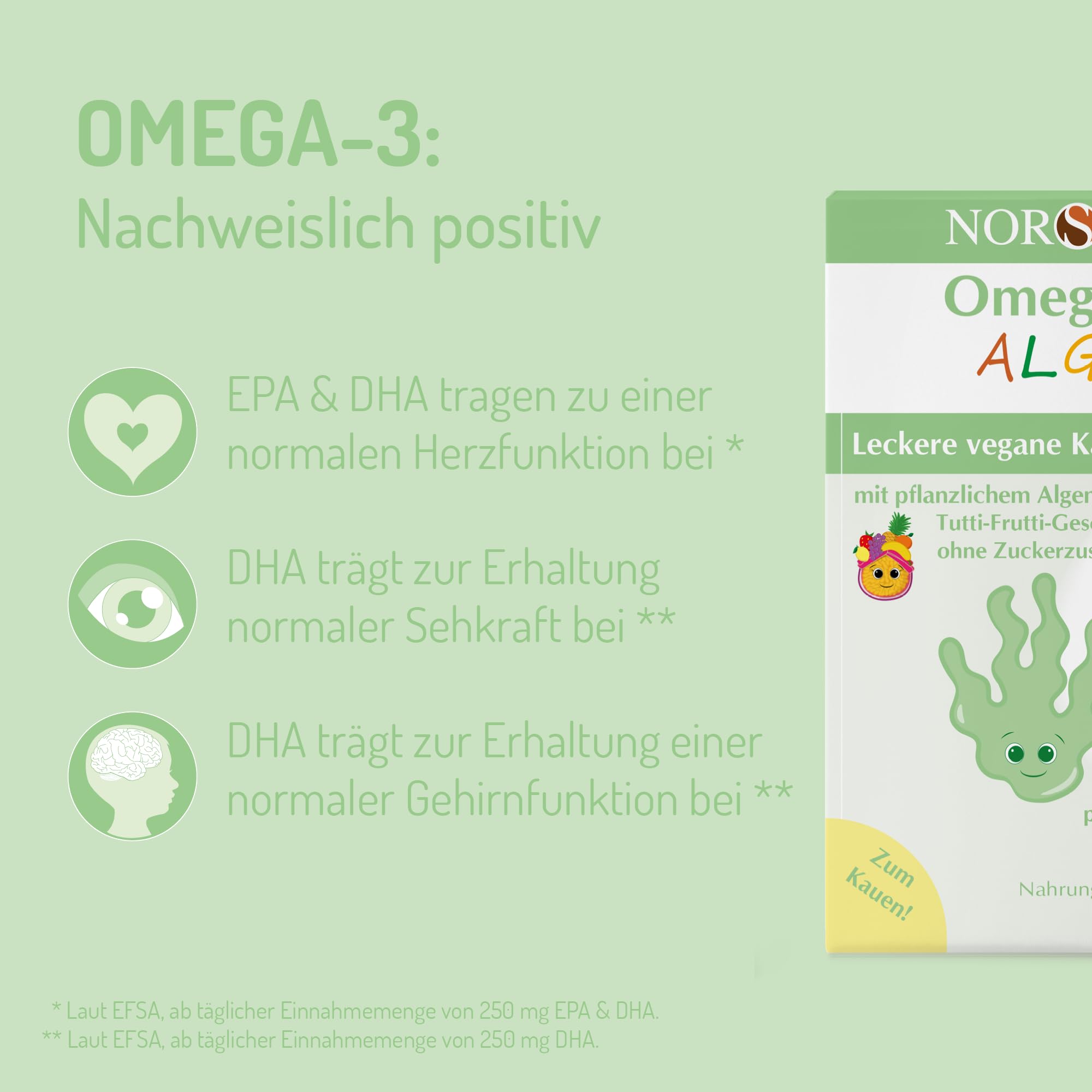 NORSAN Omega 3 ALGA JELLY 45 hochdosiert 45 Stück - Omega-3 vegan hochdosiert 220mg pro Kaugeleedrops - veganes Algenöl mit EPA & DHA - mit Tutti-Frutti-Geschmack