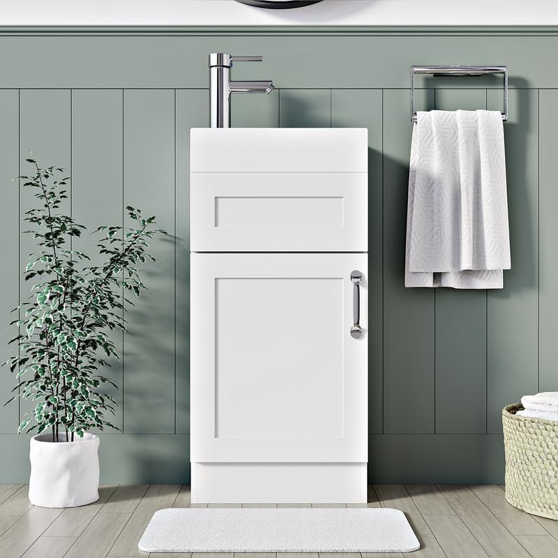 BELOFAY Under Sink Bathroom Cabinet Floor Standing Storage Cupboard Basin vanity Unit, 400mm Laquered Cloakroom vanity unit with basin, Trap and Waste, Tap not included (Crawley White)