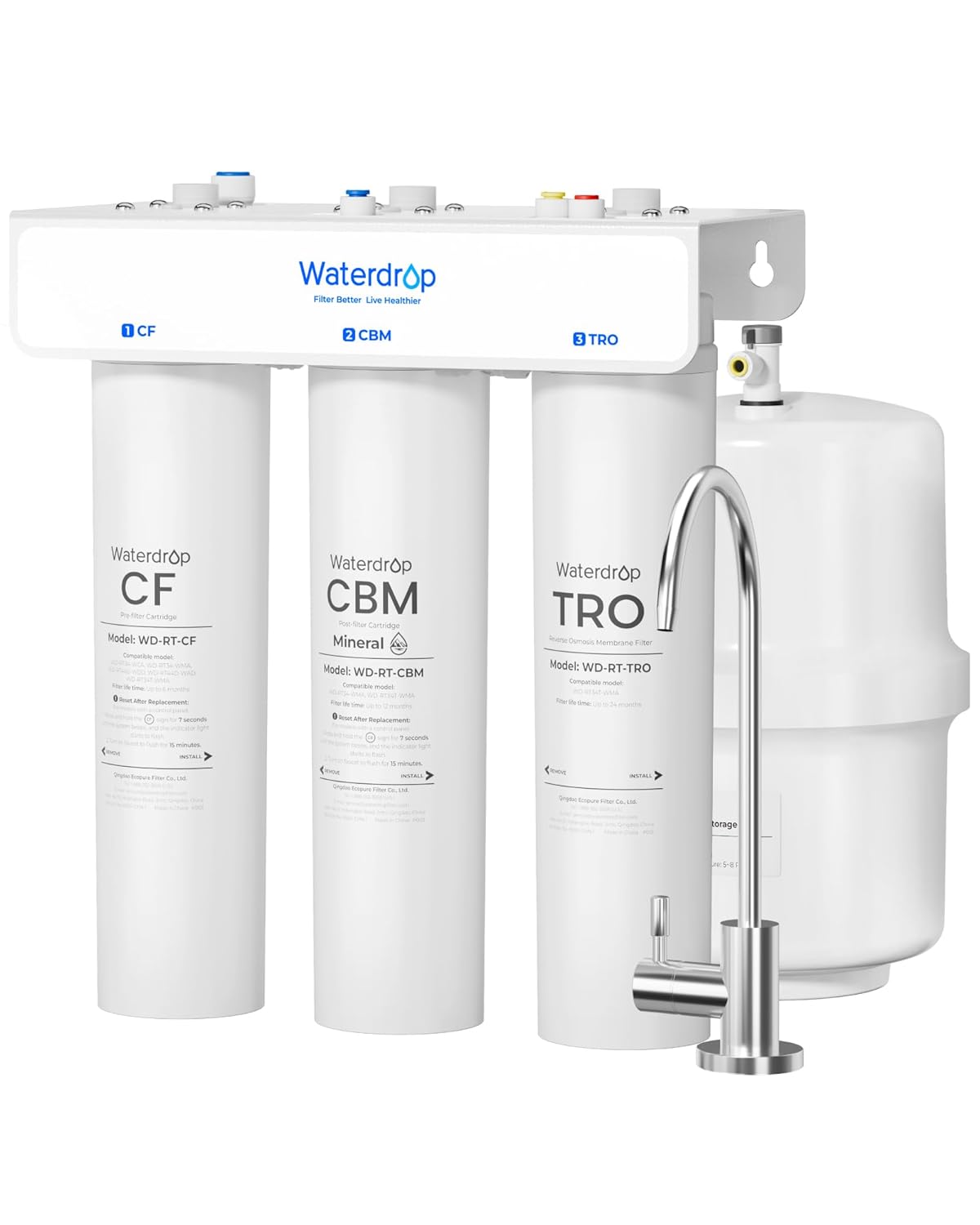 Waterdrop T3-T 220 GPD, Remineralization 7-Stage Reverse Osmosis System, 2:1 Pure to Drain, NSF/ANSI 372 Certified Water Filtration System, Under Sink RO Water Filter with Water Tank, No Power Needed