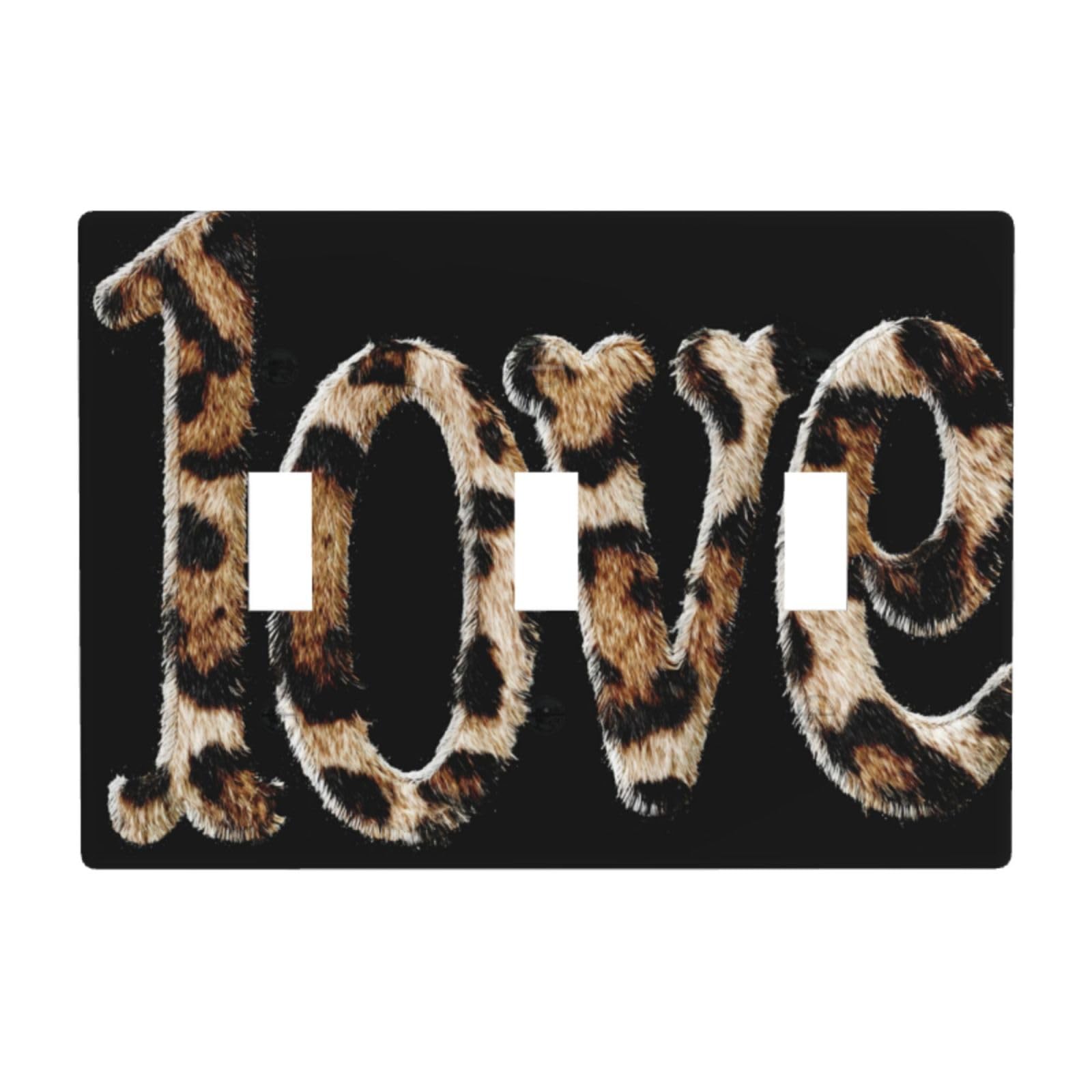 Leopard Print Letters Word Love Light Switch Covers 3 Gang Triple Toggle Wall Plate Switchplate Electrical Faceplate for Bathroom Kitchen Bedroom Decor