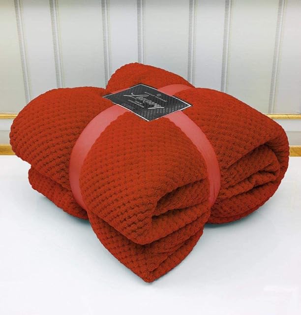 LJ Popcorn Waffle Style Luxurious Throws Super Soft Warm Cosy Sofa and Bed Fleece Blankets (Rust, Double -150x200cms)