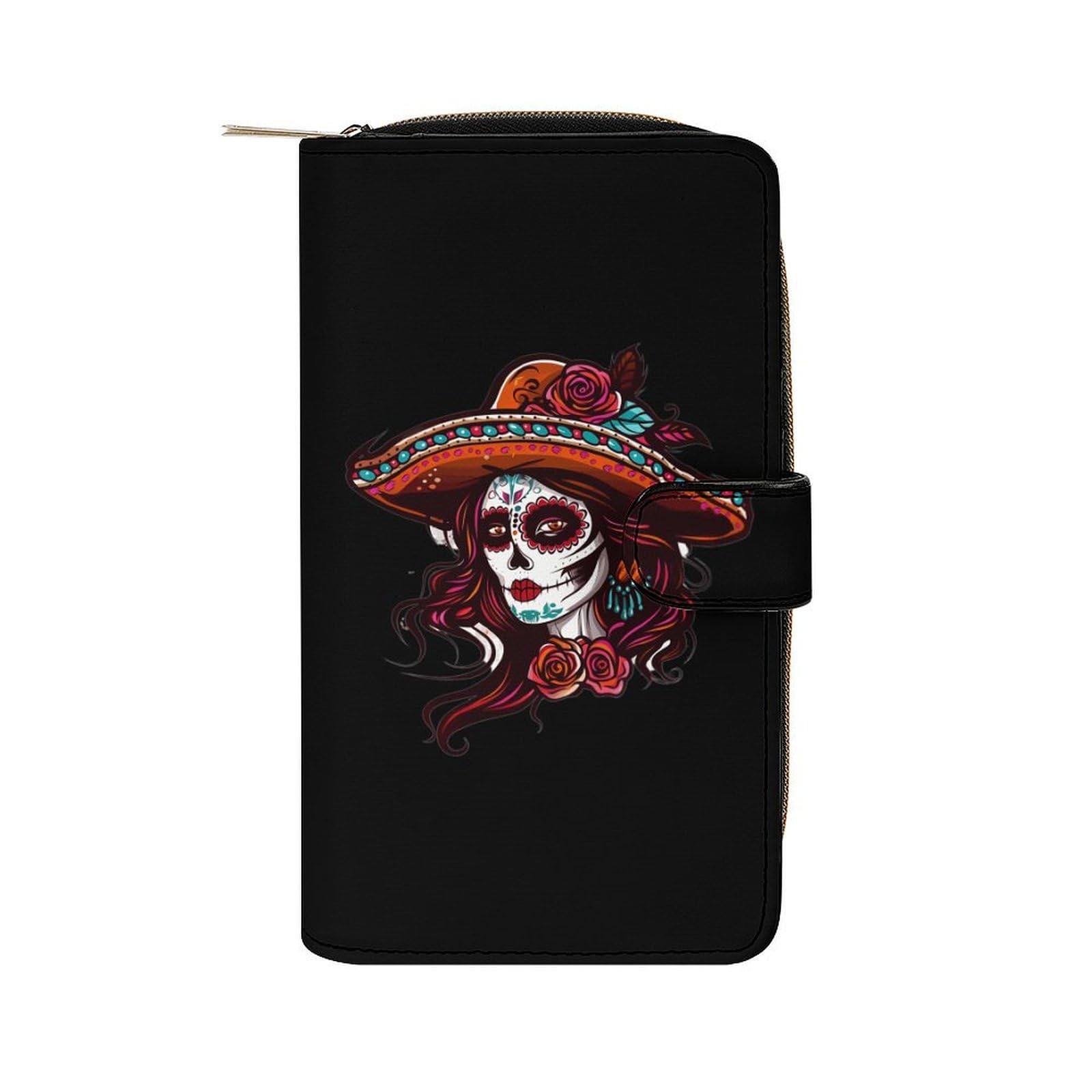 Day of The Dead Skull Women Leather Long Pouch Wallet for Men And Women Large Capacity Clutch Cash Wallet with Zippered