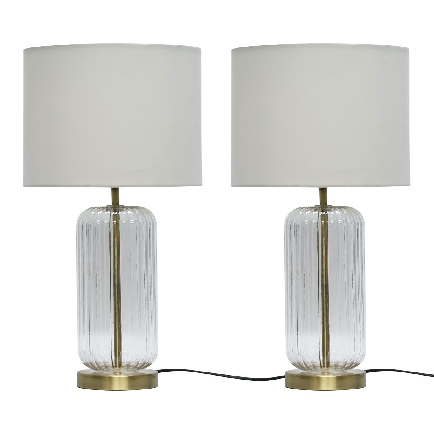 Firstchoicelighting Antique Brass & Ivory Set Of 2 Ribbed Glass Brass Table Lamps Or Bedside Lights, Cear Glass With Ivory Fabric Shade, Height 49Cm.