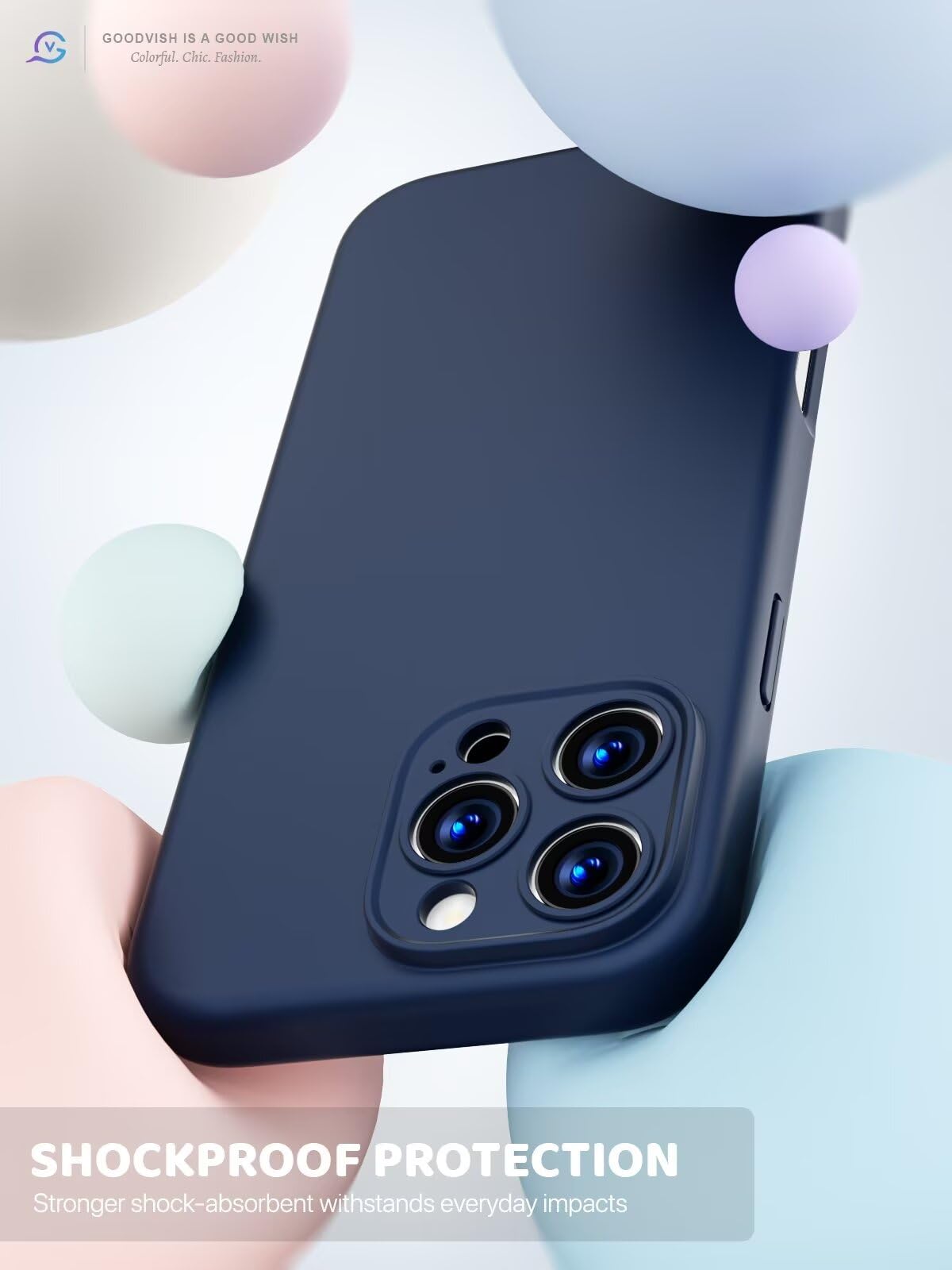 GOODVISH 3 in 1 Silicone Cover per iPhone 16 Pro 6.3", Custodia con 2 Pellicola Vetro Temperato [Protezione Fotocamera] 360° Protezione Anticaduta Case per Cellulare Antiurto Resistente, Navy Blu