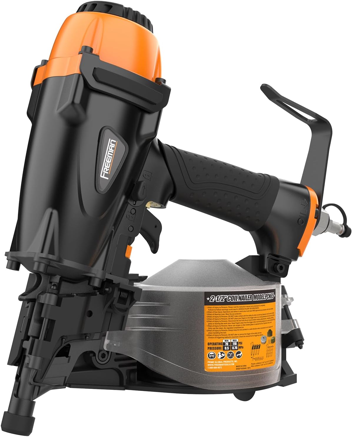 Freeman PCN65 Pneumatic 15° Coil Siding Nailer 2-1/2" - Durable Pro Tool for Siding, Shingles & Fencing w/ Metal Belt Hook