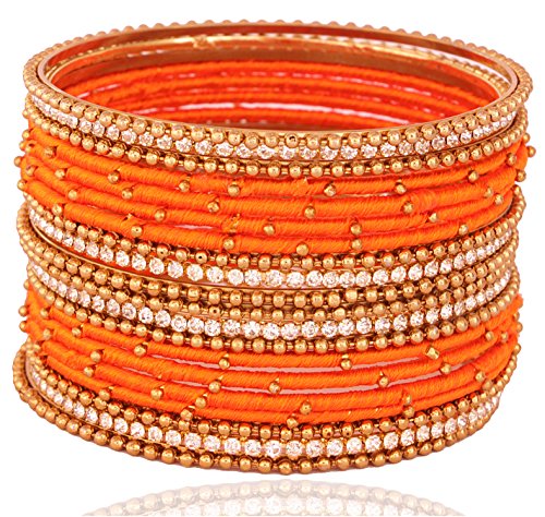 Image of NMII Non-Precious Metal with Base Metal and Zircon Gemstone Studded Ball Chain Linked Glossy Finished Silk thread Bangle set for Women and Girls