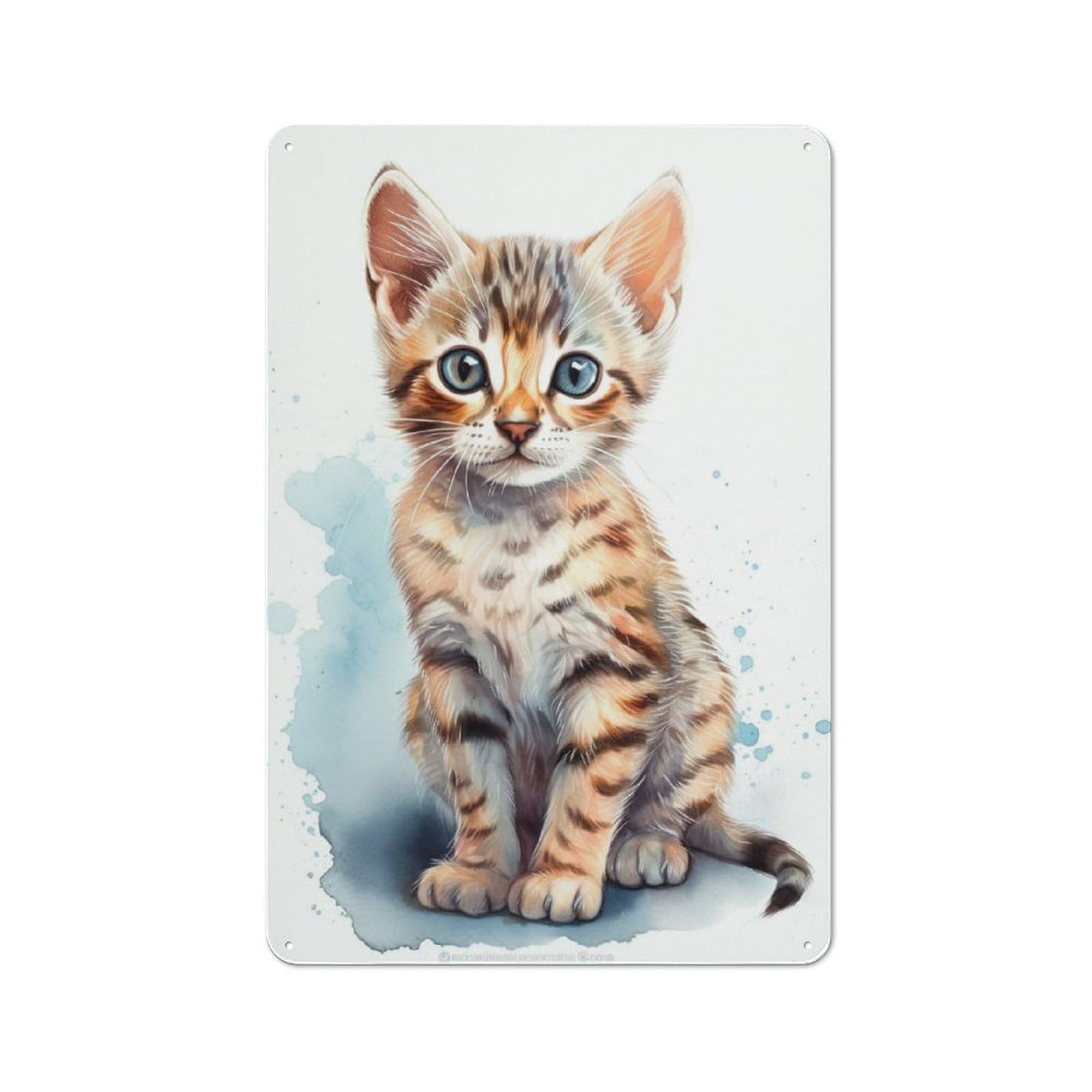 Junmoney Watercolor Bengal Cat Art Rustic Metal Wall Sign 30X20cm For Home Office Or Studio, For Garage, Workshop And Man Cave Decoration