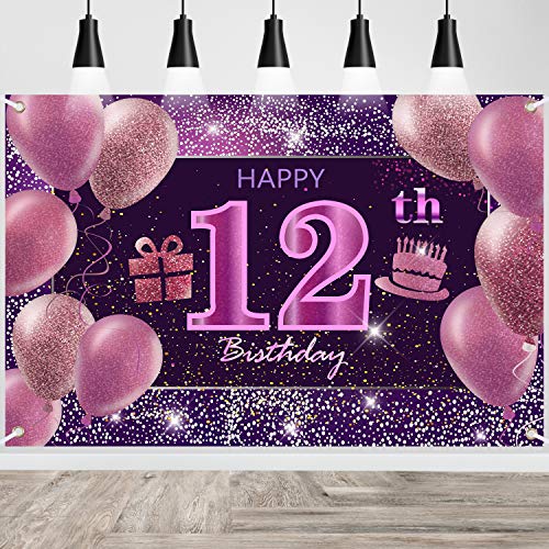 12th Birthday Decorations IMISI Happy Birthday Banner Pink Birthday Backdrop Decorations for a Party