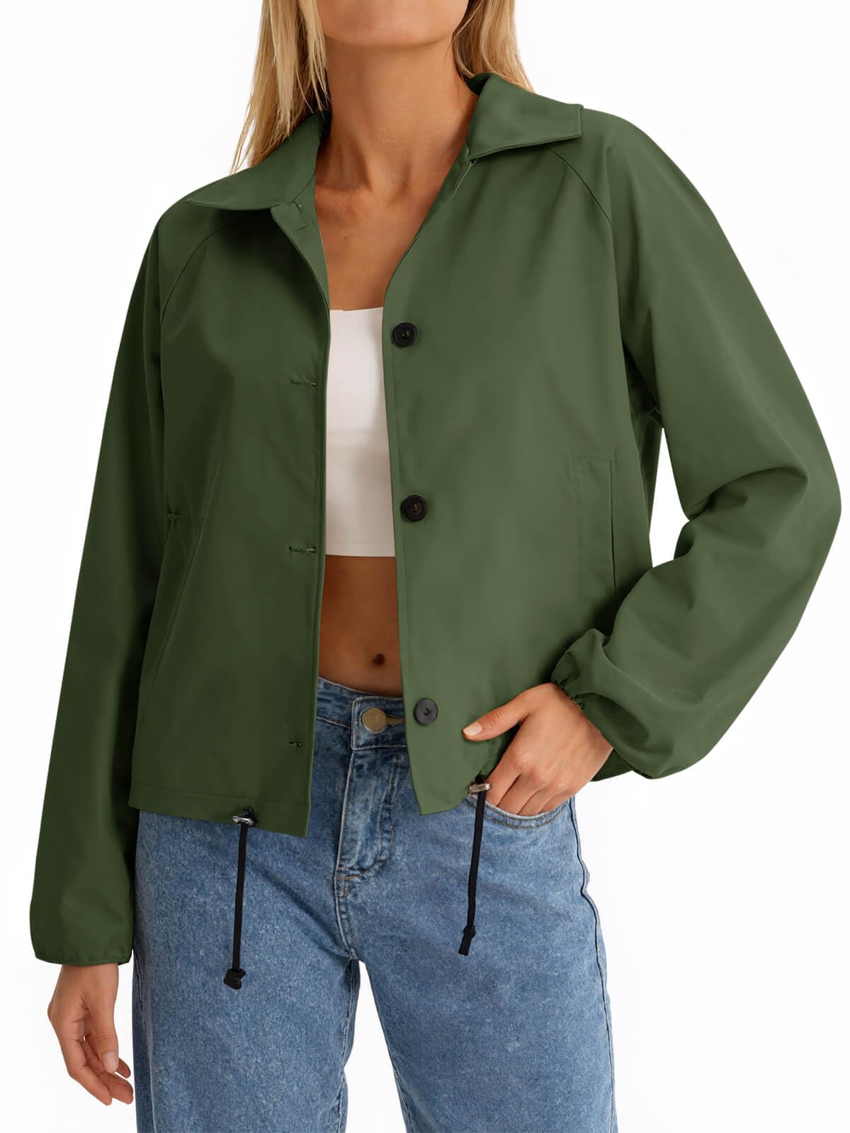 Yousify Womens Cropped Bomber Jackets Button Down Lapel Collar Coats Adjustable Waist Trench Coat Outerwear with Pockets