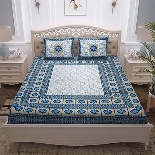 Image of Story@Home 100% Cotton Bedsheet for Double Bed with 2 Pillow Covers|90x108 Inch Ethnic Grey and Blue