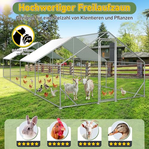 Sonnewelt Freilaufgehege 3x8x2m Hühnerstall Verzinkter Stahl Kleintierstall Hühnerhaus Dach Geflügelstall mit Sonnenschutzdach und Tür für Haustierkäfig Hühnerkäfig Vogelkäfig Kleintiere Pflanzen