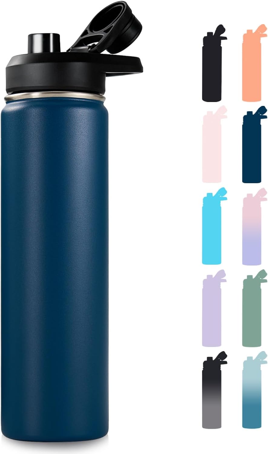 24 oz Insulated Water Bottle with Handle, 306 Stainless Steel Water Bottles with Wide Mouth, Double Wall Vacuum Sports Water Bottle, BPA Free, Keep Cold and Hot, Navy Blue