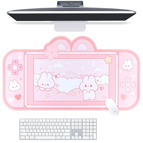 BelugaDesign Bunny Desk Pad | NS Switch Keyboard Gaming Mat Large Mousepad | Pastel Pink Kawaii Anime Desk Blotter Protector | Pink Rabbit Desk Mat for Gaming Office Home Decor Cute Desk Setup (Large)