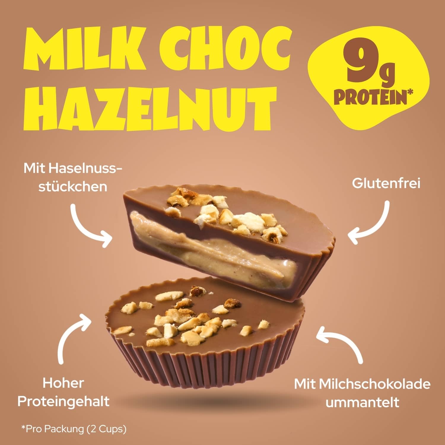 ahead High Protein Hazelnut Butter Cups | 9,4g Protein pro Pack | Milchschokolade & Haselnuss | 12 x 34g | Ohne Zuckerzusatz | Ohne Palmöl | Glutenfrei