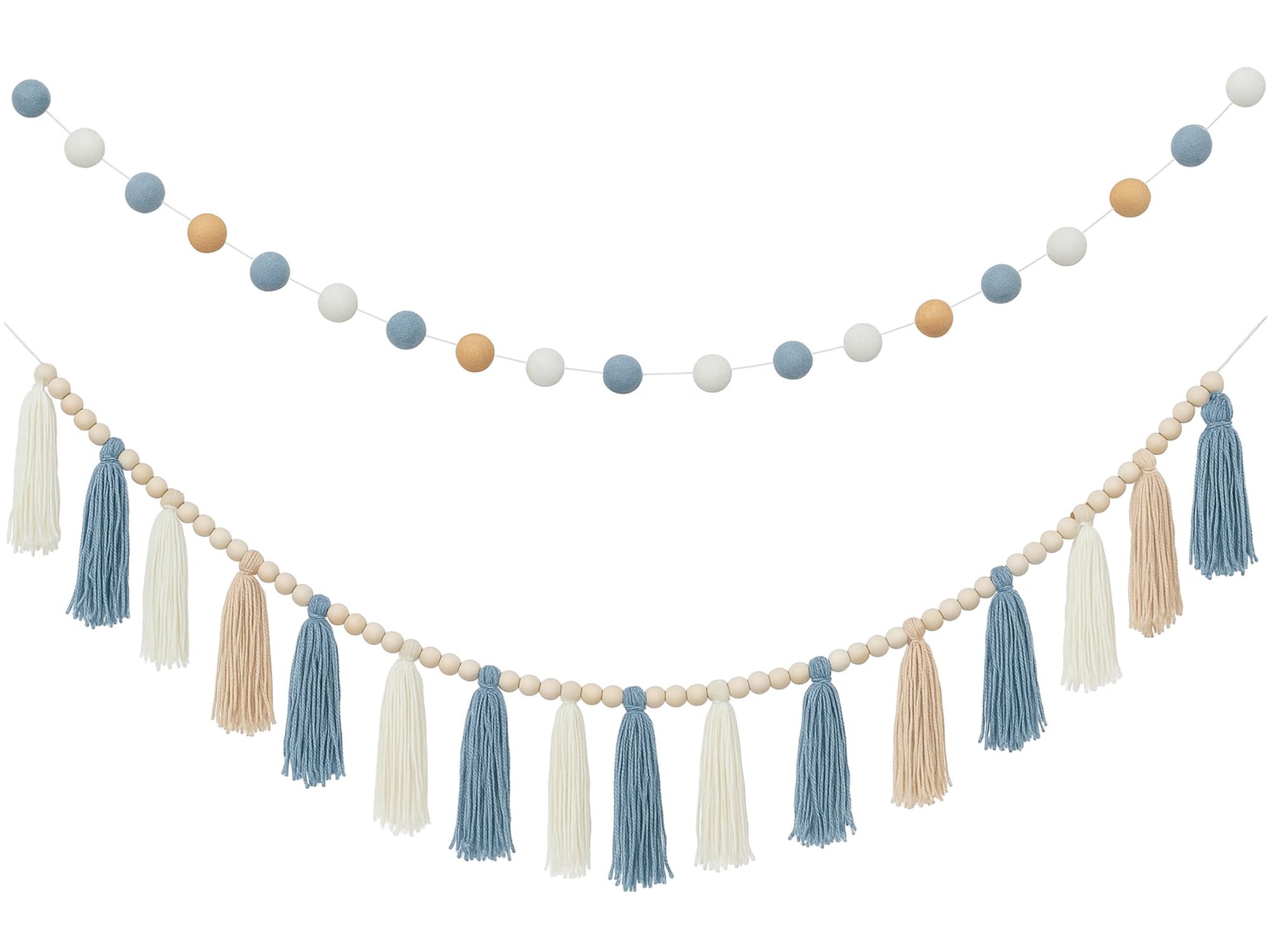 Photo 1 of SmoothNovelty 2 Pcs Boho Tassel Garland Decor Include 1 Boho Tassel Garland with Wood Beads and 1 Colorful Pom Pom Ball Wall Hanging Banner for Nursery Classroom Baby Shower Decor(Blue)