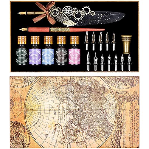 AIYNC Quill Pen, Quill Pen Ink Set Including Mechanical Feather Pen and Wooden Dip Pen, 5 Colors of Ink, 12 Replacement Nibs, Pen Holder, Envelope and Letter Paper (Black)