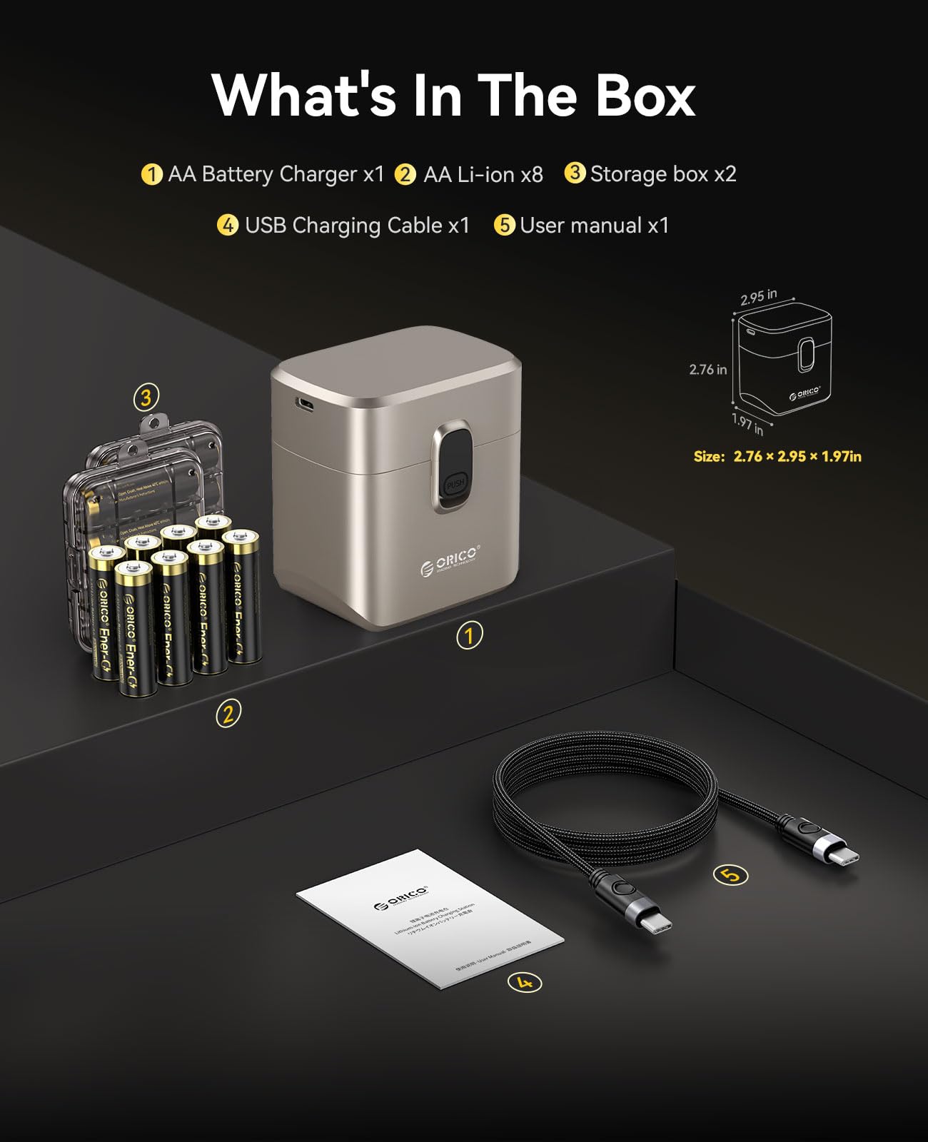 ORICO Ladegerät für AA Lithium Akkus mit 8X 1,5V wiederaufladbare Batterien (2300mWh), 3h Schnellladung, kompatibel mit Controller, Spielzeug, Taschenlampe & mehr, inkl. Boxen
