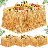 Fovths 4 Pack Luau Grass Table Skirt 9 Feet x 29.5 Inch Hawaiian Grass Table Skirt with Tropical Flowers Natural Hawaiian Party Decorations for Luau Birthday Summer Beach Party Supplies
