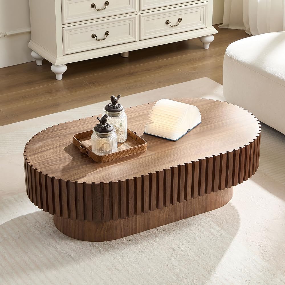 BSYEIO 43.7" Oval Coffee Table for Living Room,Modern Handcraft Drum Coffee TableSmall Wooden Coffee Table with Sturdy Pedestal Easy Assembly for