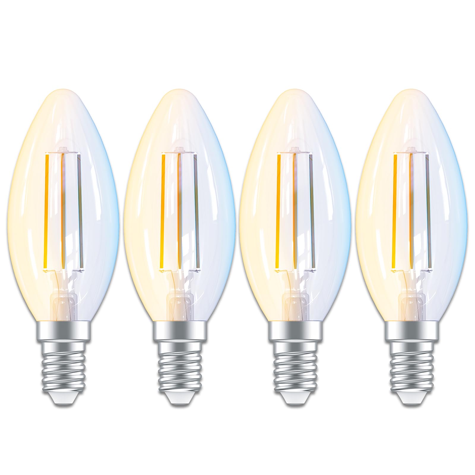 ANTELA Lampadine Alexa Inteligente Filamento E14 C35, 4,5W 470LM Dimmerabile 2700K-6500K Bianco Freddo/Caldo, Compatibile con Alexa/Google Home, Controllo Vocale, Controllo APP, 2.4GHz WiFi, 4Pezzi