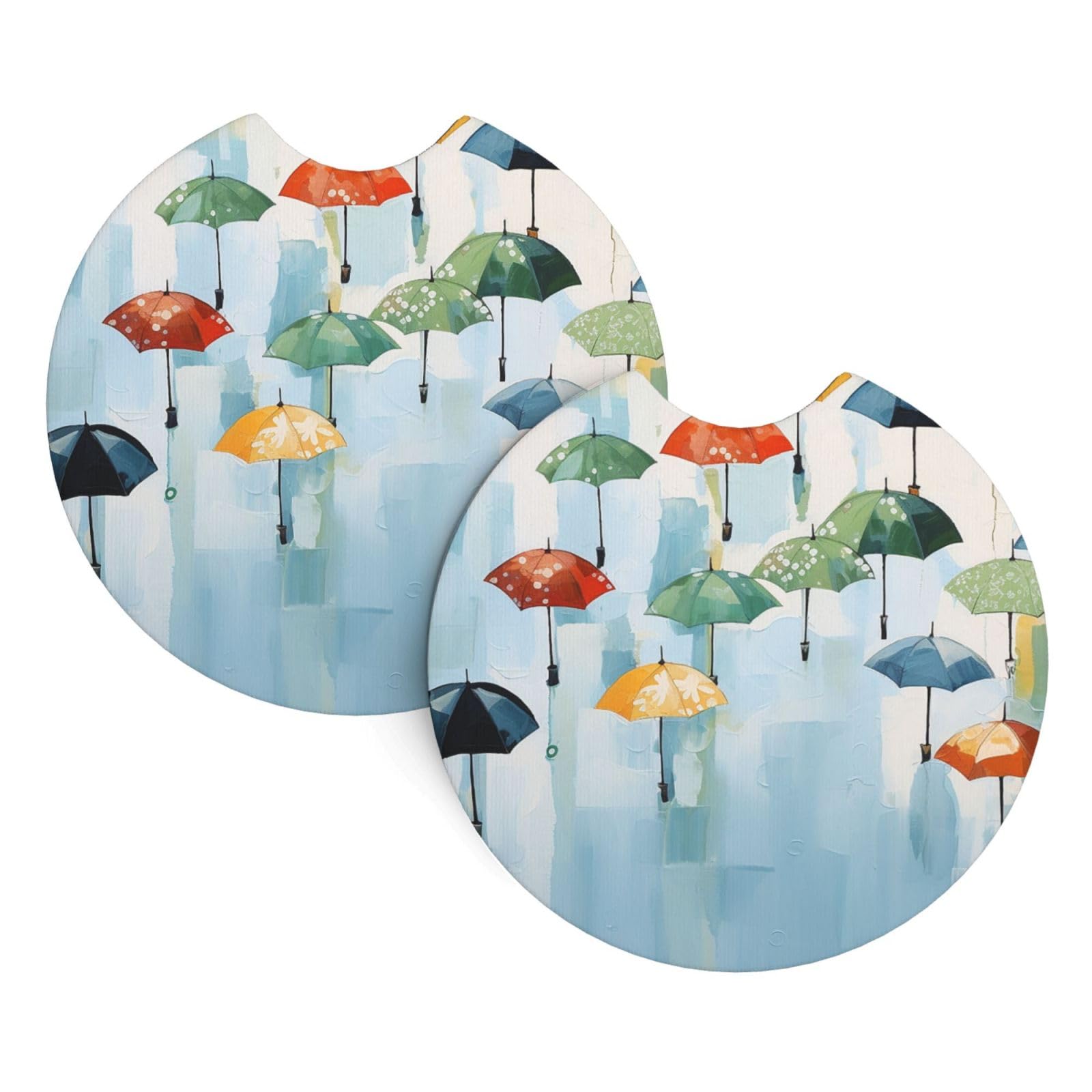 2 Pack Car Coaster for Cup Holders Oil Painting of Umbrellas on Light Blue Car Cup Coaster 2.7" Neoprene Non-Slip Automotive Cup Mat Universal Auto Car Interior Accessories for Women Men Cup Pad