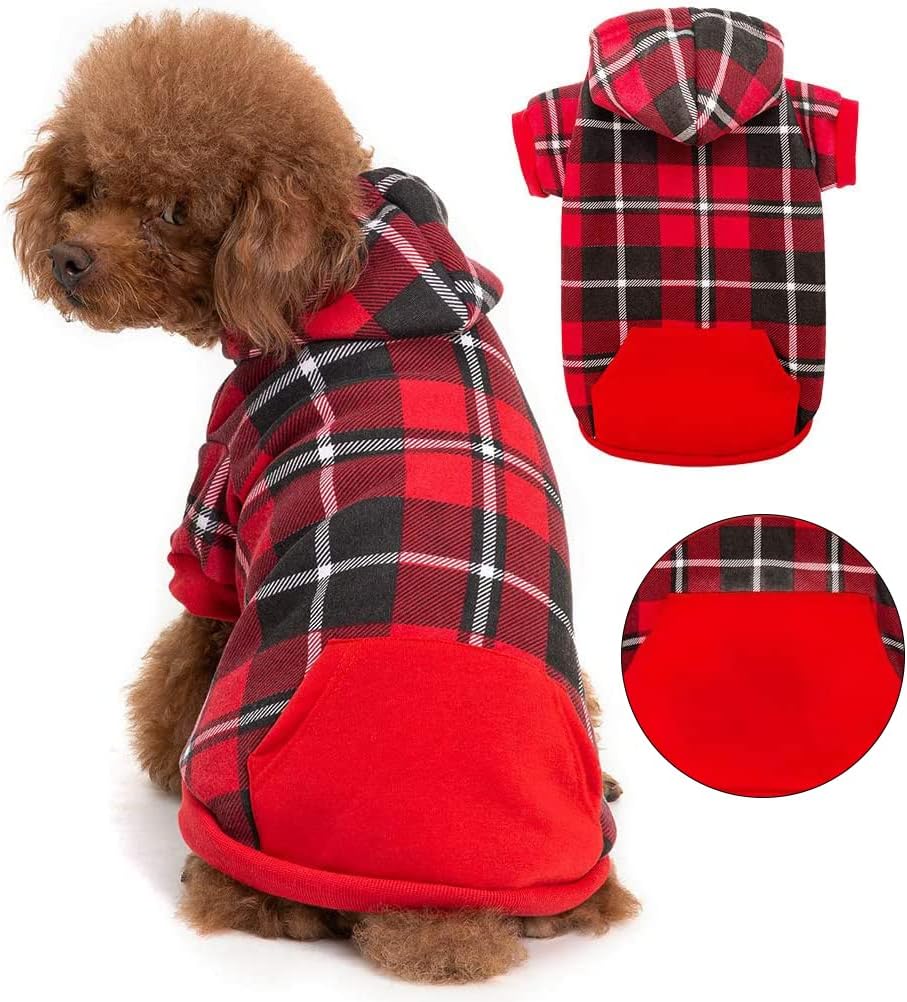 BINGPET Dog Plaid Hoodie - Pocket Design - Dog Fleece Sweater with Hat Pet Winter Clothes Plaid Dog Sweatershirts for Winter